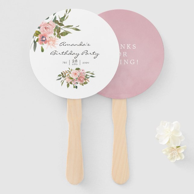 Éventail Aquarelle florale Blush & Rose Gold fête d'anniver (Devant et derrière)