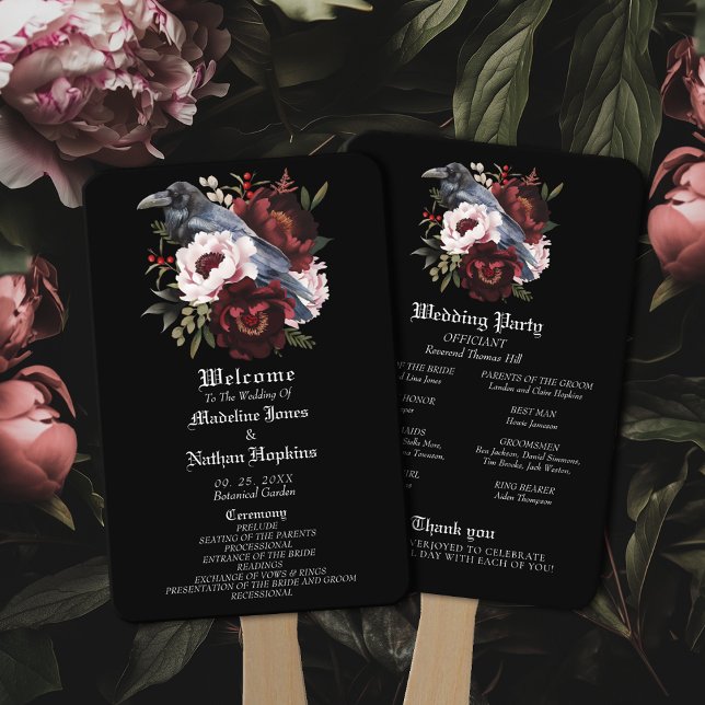 Éventail Aquarelle gothique romantique Corbeau Mariage flor (Créateur téléchargé)
