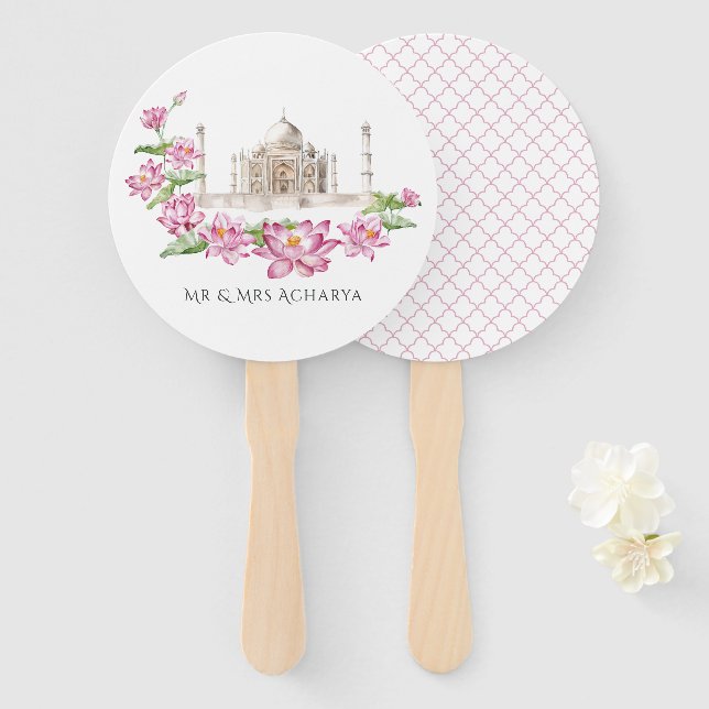 Éventail Aquarelle indienne Lotus Flower Taj Mahal (Devant et derrière)