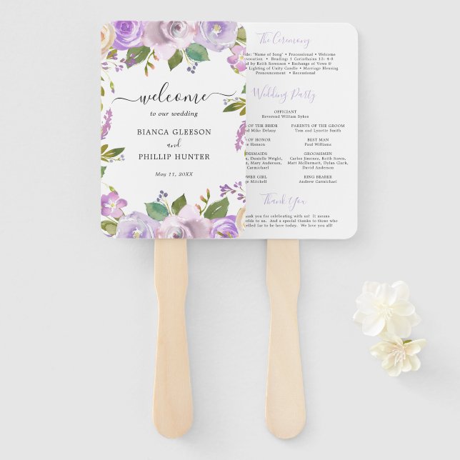 Éventail Aquarelle Lilac Floral Élégant programme de mariag (Devant et derrière)