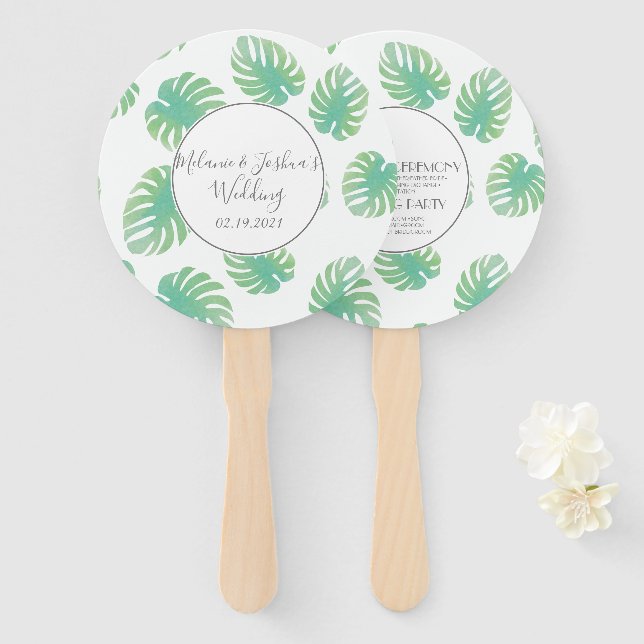 Éventail Aquarelle Monstera Mariage rond (Devant et derrière)