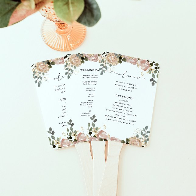 Éventail Aquarelle neutre blanc floral | Programme de maria (Pretty, neutral watercolor floral wedding program hand fans)