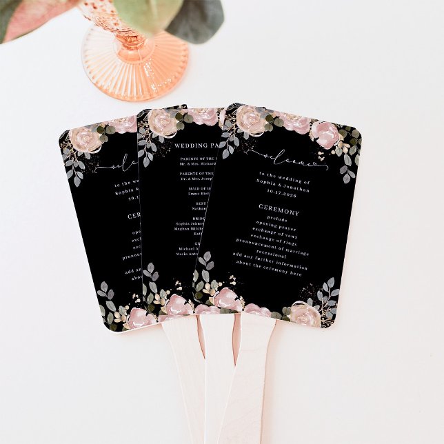 Éventail Aquarelle neutre Floral Noir | Programme de mariag (Elegant, dark black wedding program fans with neutral floral watercolor)