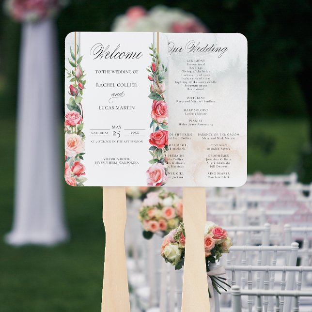 Éventail Aquarelle romantique Roses roses roses et calligra (Créateur téléchargé)