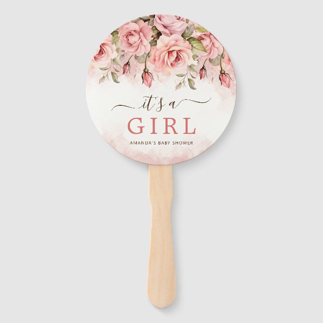 Éventail Aquarelle Rose Blush C'est un Baby shower fille (Devant)
