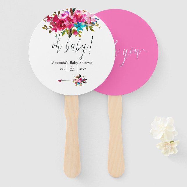 Éventail Aquarelle rose Boho Chic Baby shower Floral (Devant et derrière)