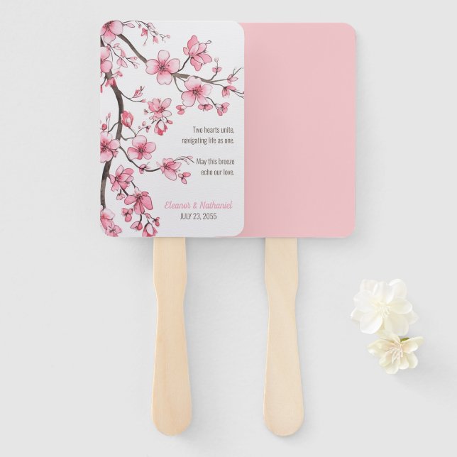 Éventail Aquarelle rose cerisier Mariage floral (Devant et derrière)