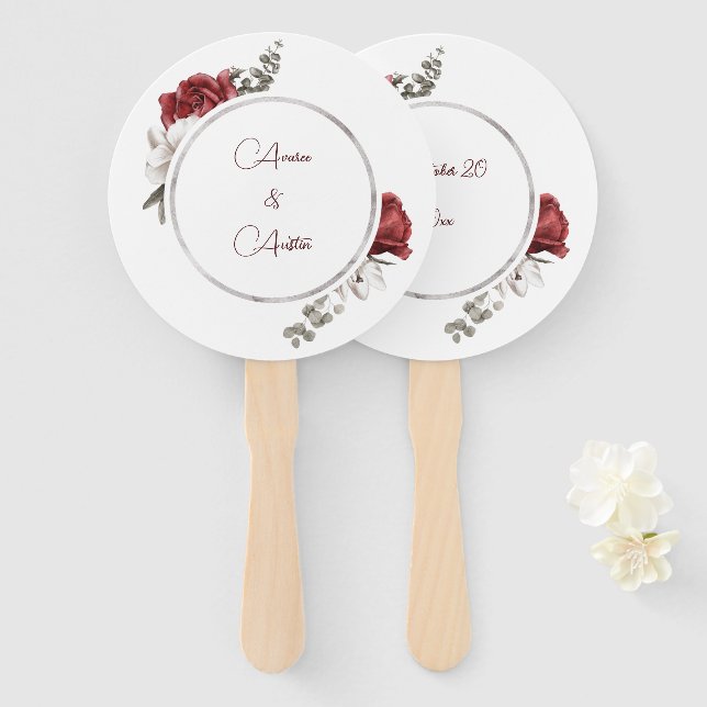 Éventail Aquarelle Roses rouges Mariage Ventilateur main (Devant et derrière)