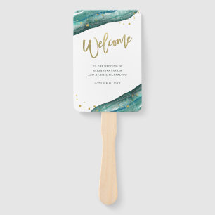 Éventail Aquarelle Turquoise et Gold Geode Mariage Bienvenu
