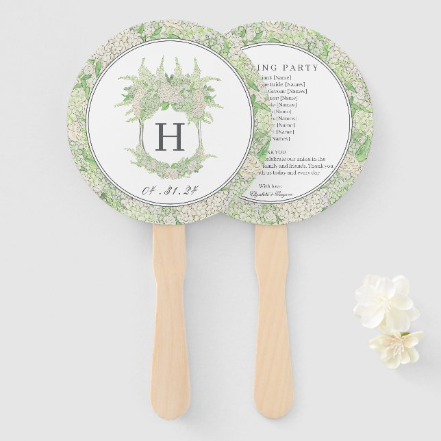 Éventail Aquarelle vert et blanc Mariage de crête d'Hydrang (Devant et derrière)