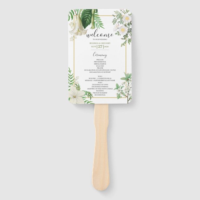 Éventail Aquarelle verte blanche Floral Gold Wedding Progra (Devant)