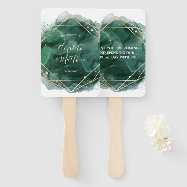 Éventail Aquarelle verte et or Mariage géométrique (Devant et derrière)