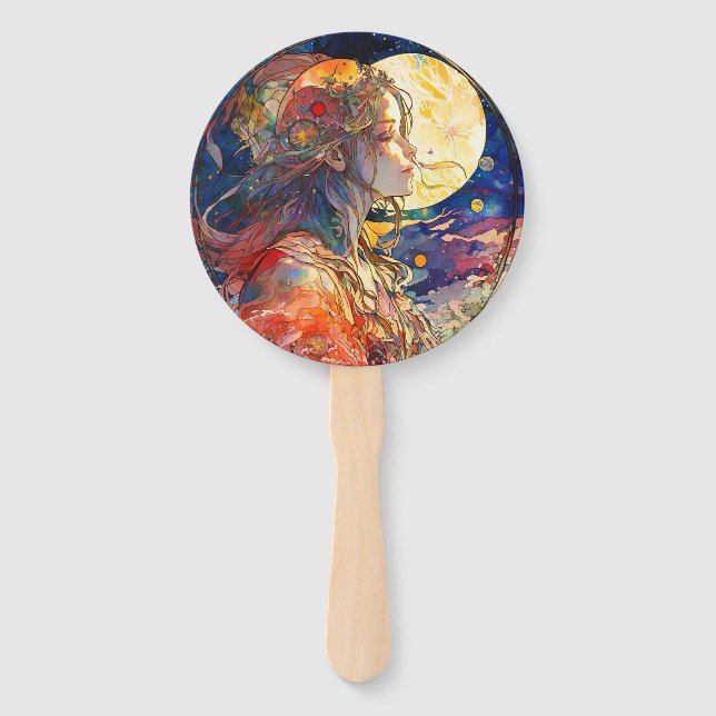 Éventail Aquarelle vibrante de Fille et Lune ensemble de ve (Dos)