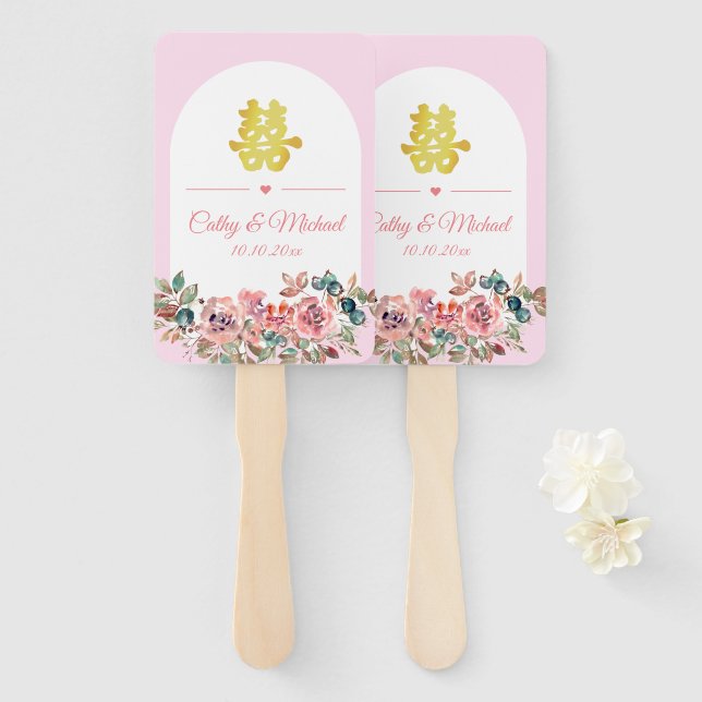 Éventail arche fleurie rose mariage chinois (Devant et derrière)