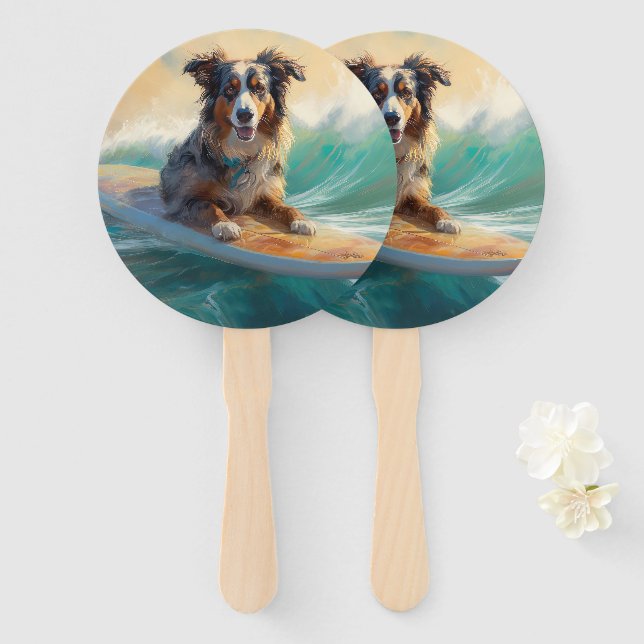Éventail Australian Shepherd Beach Surfing Peinture (Devant et derrière)