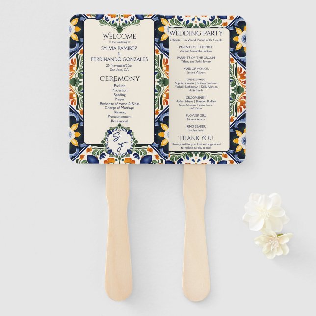 Éventail Azulejo bleu Talavera programme de mariage mexicai (Devant et derrière)