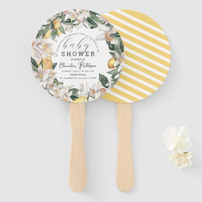 Éventail Baby shower d'aquarelle florale Citrus Lemon (Devant et derrière)