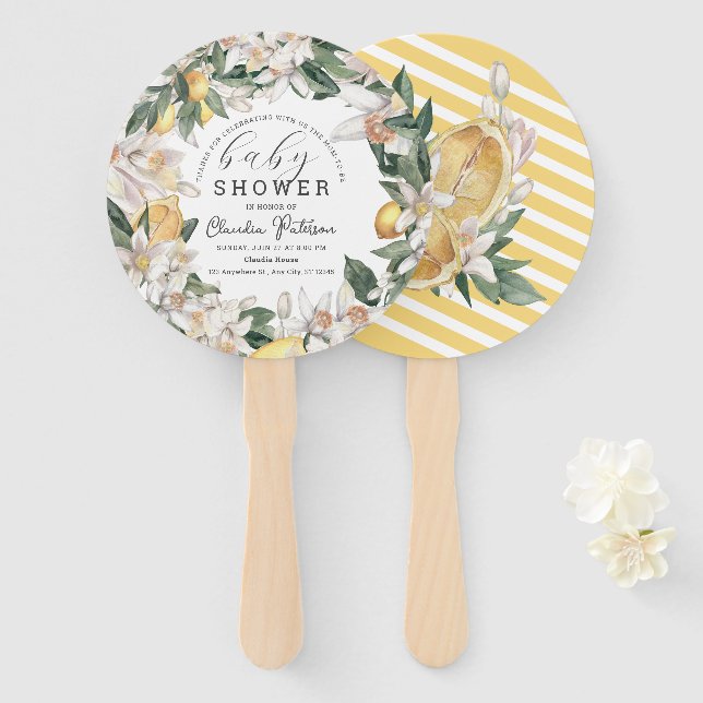 Éventail Baby shower d'aquarelle florale Citrus Lemon (Devant et derrière)