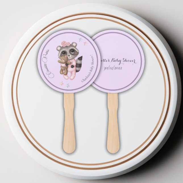Éventail Baby shower de fille animale au raton laveur doux (Raccoon Animal Girl Baby Shower Hand Fan)
