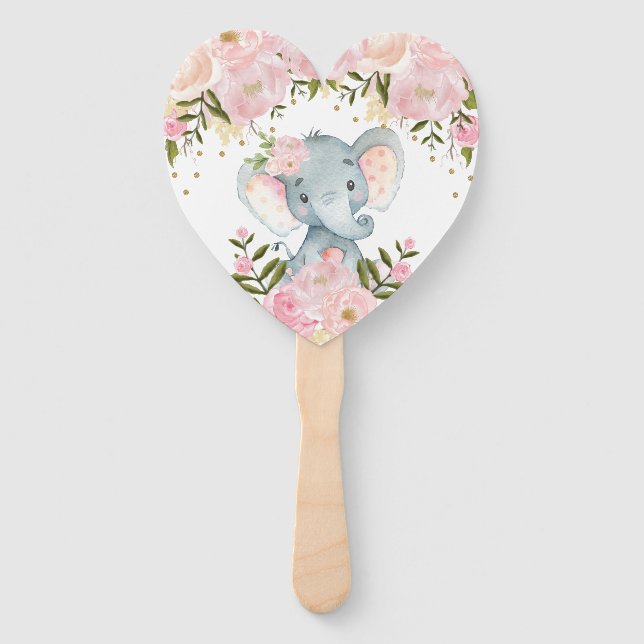 Éventail Baby shower d'éléphant floral rose vif (Devant)