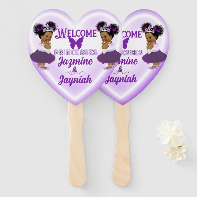 Éventail Baby shower jumeau Royal African Purple Princesses (Devant et derrière)