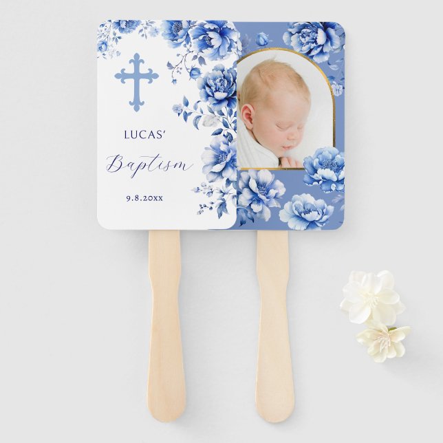 Éventail Baptême des fleurs bleues (Devant et derrière)