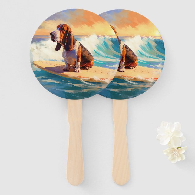Éventail Basset Hound Beach Surf Peinture (Devant et derrière)