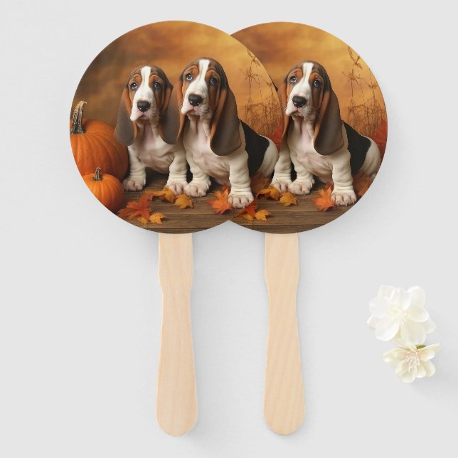 Éventail Basset Hound Chiot Automne Citrouille de plaisir (Devant et derrière)