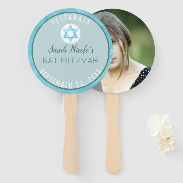 Éventail Bat mitzvah Bleu Opal Chic Aquarelle Photo (Devant et derrière)