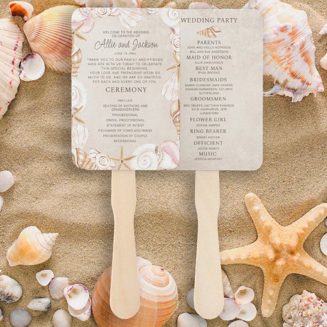 Éventail Beach Seashells Programme de mariage de sable fête (Wedding program/bridal party hand fan)