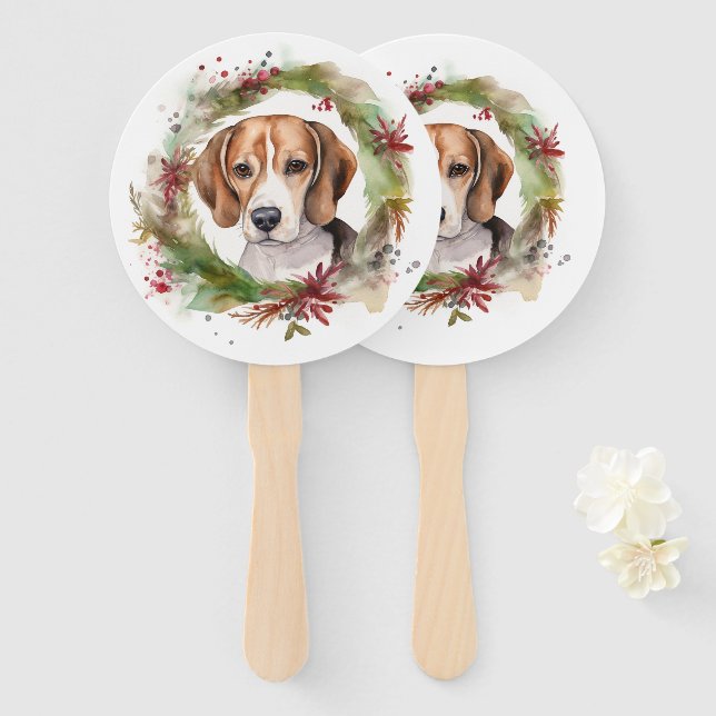 Éventail Beagle Noël Wreath Festive Pup (Devant et derrière)