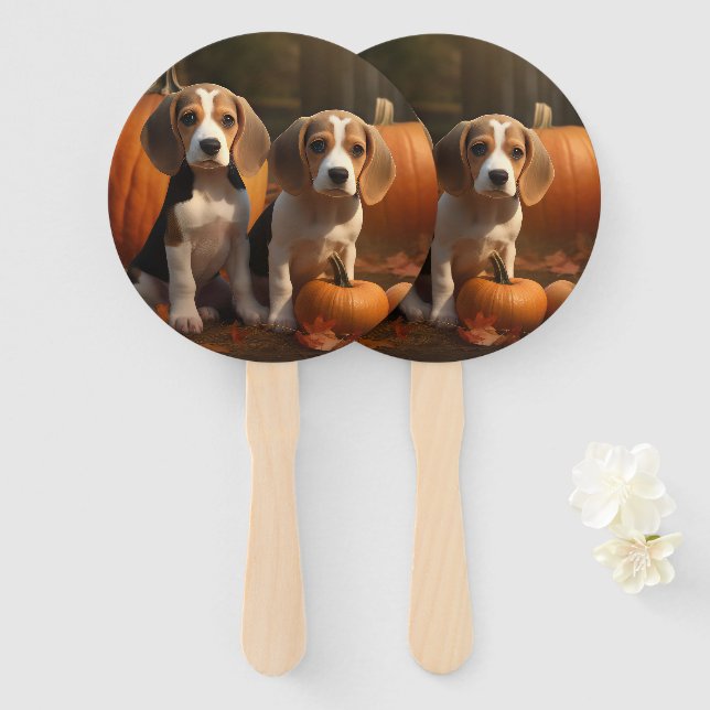 Éventail Beagle Puppy Automne Citrouille de plaisir (Devant et derrière)