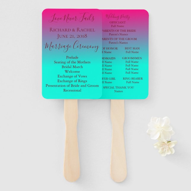 Éventail Beau programme de mariage rose et bleu ombre (Devant et derrière)