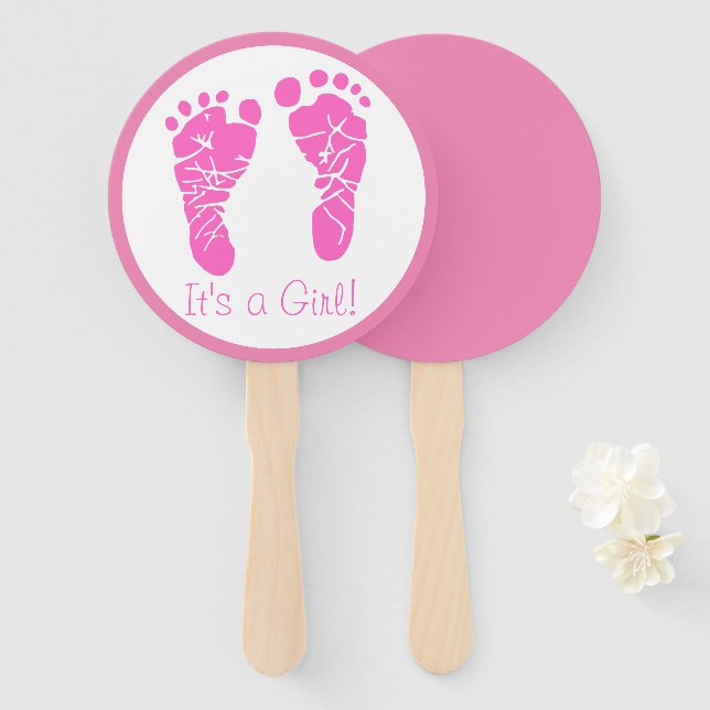 Éventail Bébé rose mignonne Empreintes C'est un Baby shower (Devant et derrière)