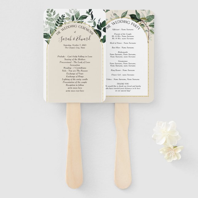 Éventail Beige Ivory Boho Arch programme de mariage botaniq (Devant et derrière)