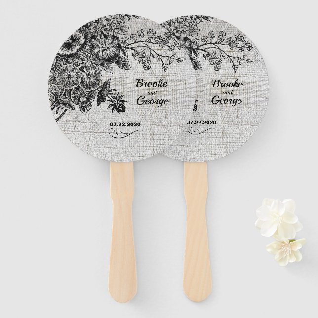 Éventail Belle Fleurs noires/grises Mariage Ventilateur à m (Devant et derrière)