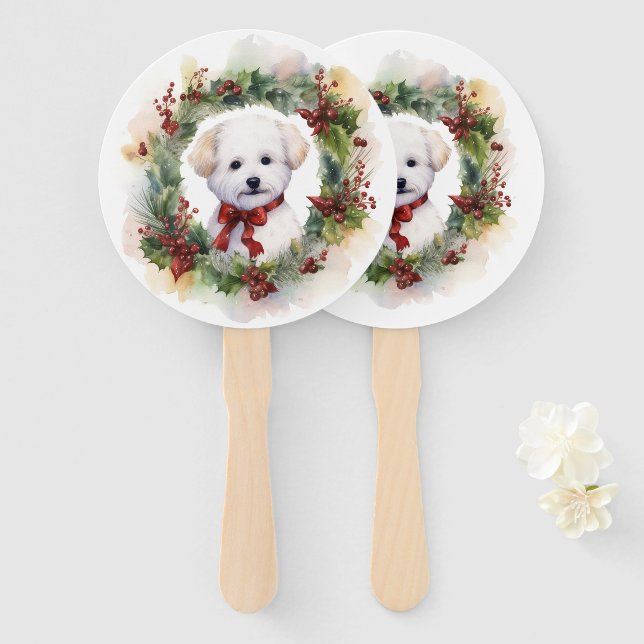 Éventail Bichon Frise Wreath Festive Pup (Devant et derrière)