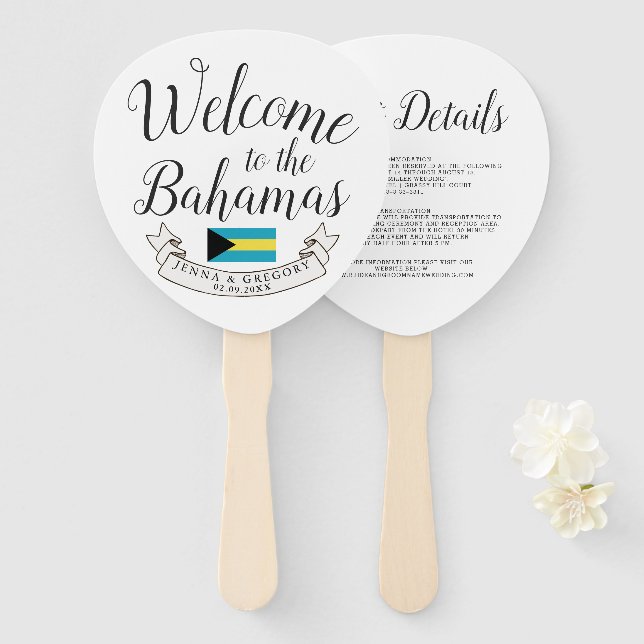 Éventail Bienvenue aux Bahamas | Personnalisation du mariag (Devant et derrière)