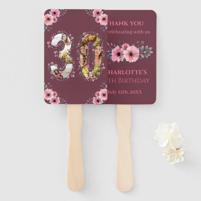 Éventail Big 30th Birthday Photo Collage Rose Flower Woman (Devant et derrière)