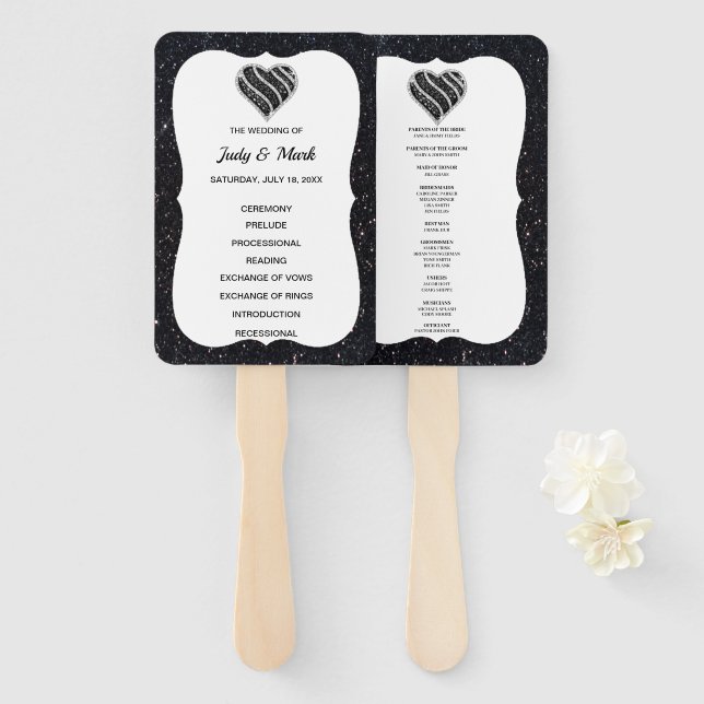 Éventail Black Parties scintillant Black White Heart Weddin (Devant et derrière)