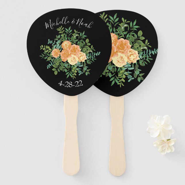 Éventail Black & Peach Mariage Floral moderne (Devant et derrière)