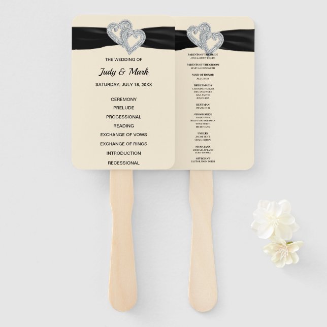 Éventail Black Ribbon Diamond Hearts Programme de mariage F (Devant et derrière)