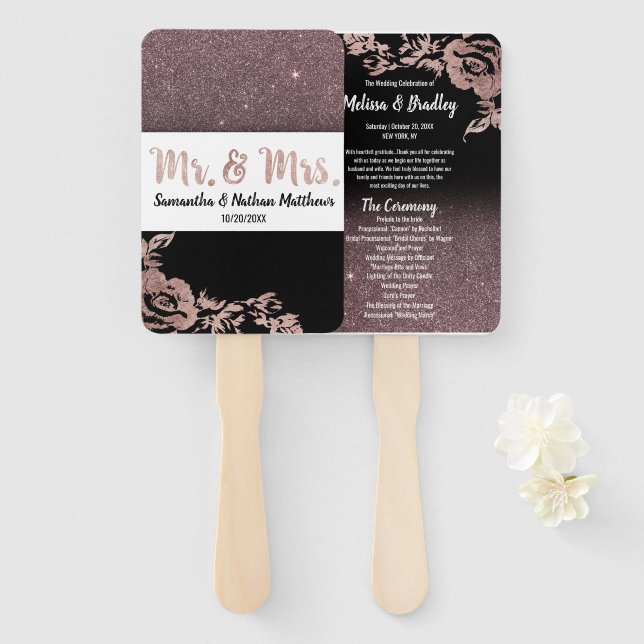 Éventail Black Rose Gold Parties scintillant Floral Wedding (Devant et derrière)