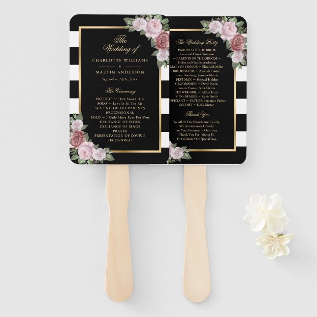 Éventail Black White Gold Blush Floral Wedding Programme (Devant et derrière)