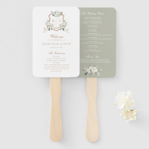 Éventail Blanc Floral Vert Sage Monogram Crest Mariage