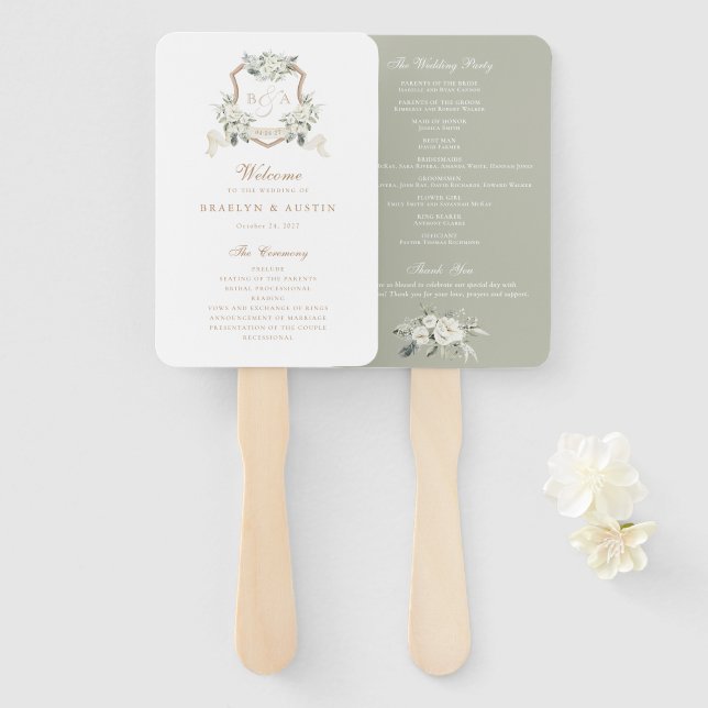 Éventail Blanc Floral Vert Sage Monogram Crest Mariage (Devant et derrière)