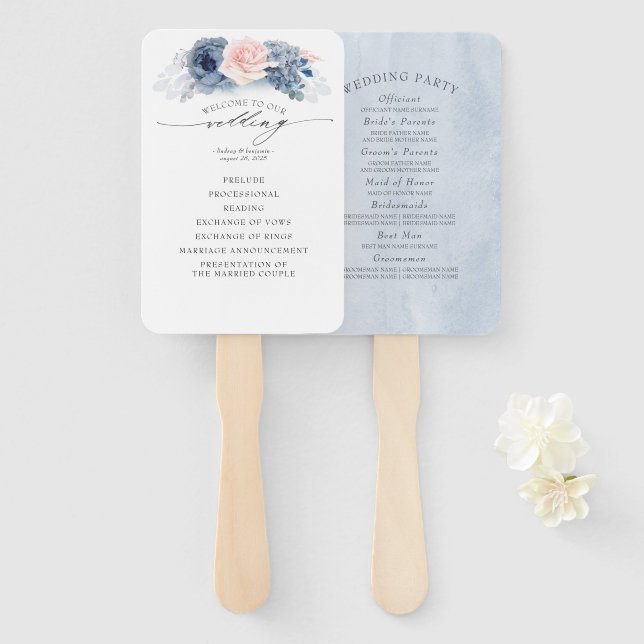 Éventail Blue Rose Floral Élégant programme de mariage (Devant et derrière)
