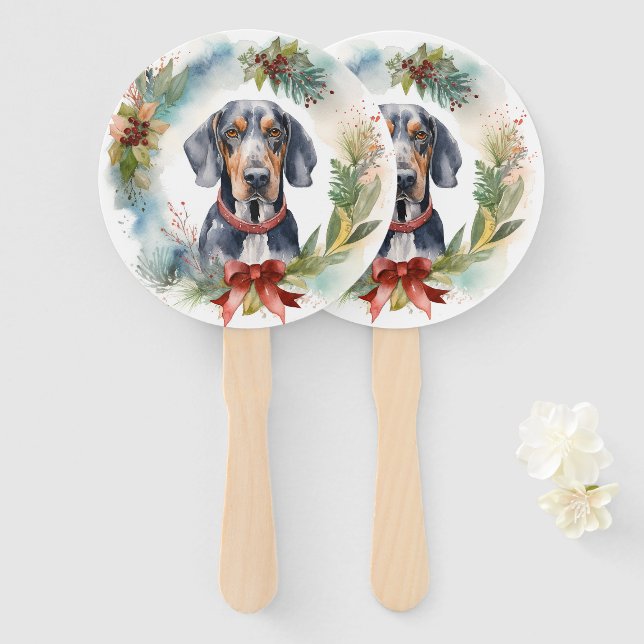 Éventail Bluetick Coonhound Christmas Wreath Festive Pup (Devant et derrière)
