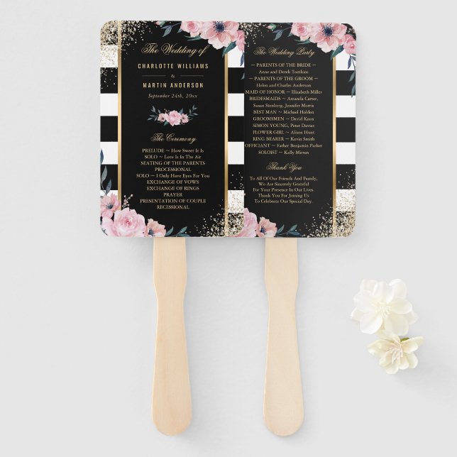 Éventail Blush Black Gold Parties scintillant Floral Weddin (Devant et derrière)