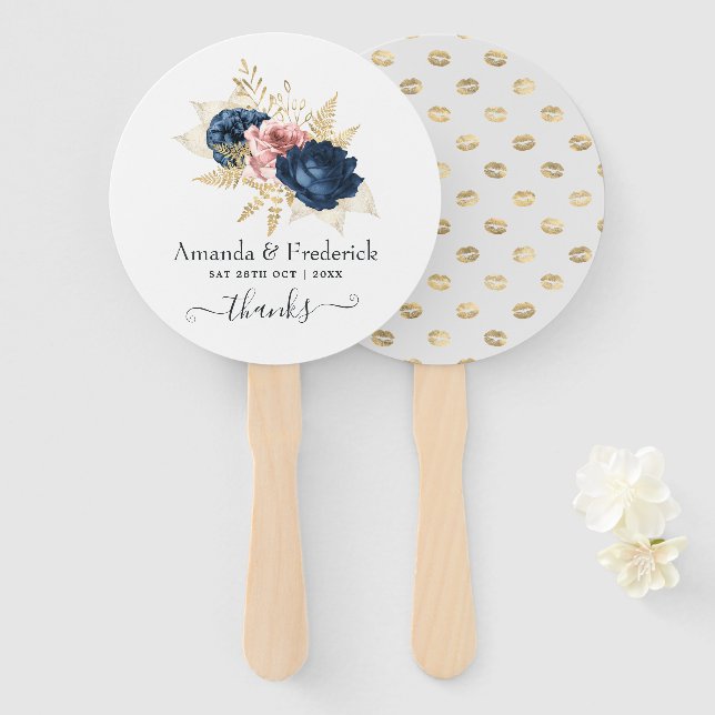 Éventail Blush, Navy et Gold Floral Mariage (Devant et derrière)